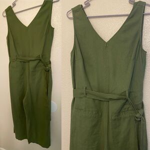 Dip v neck linen blend green tie waist lagenlook boho jumpsuit romper wide leg 6